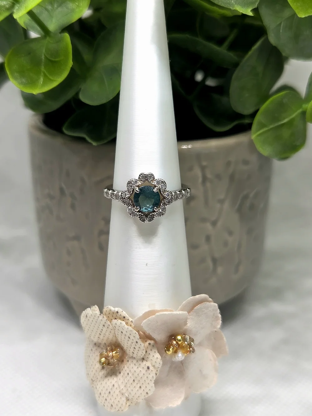 BP Teal Halo Floral Ring On Rhodium Plating
